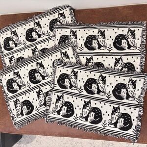 Vintage Black White Cat Tapestry Placemats Set of 4 Cottagecore Folk Art